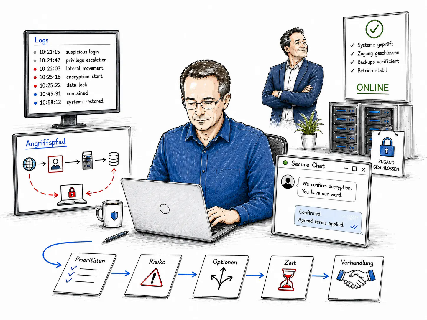 Illustration eines kontrollierten Wiederanlaufs nach einem Ransomware-Angriff