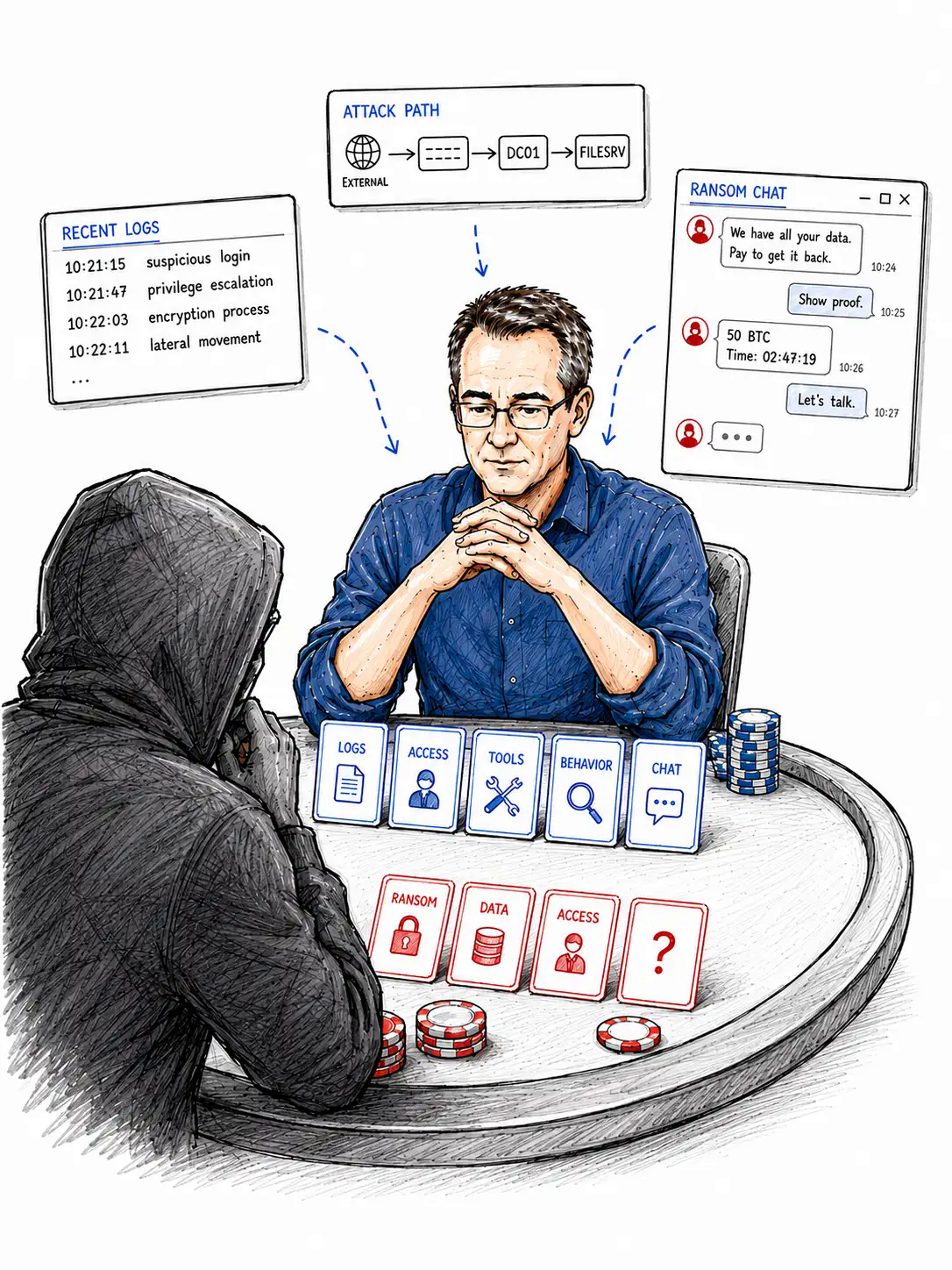 Illustration zur technischen Einordnung einer Ransomware-Verhandlung
