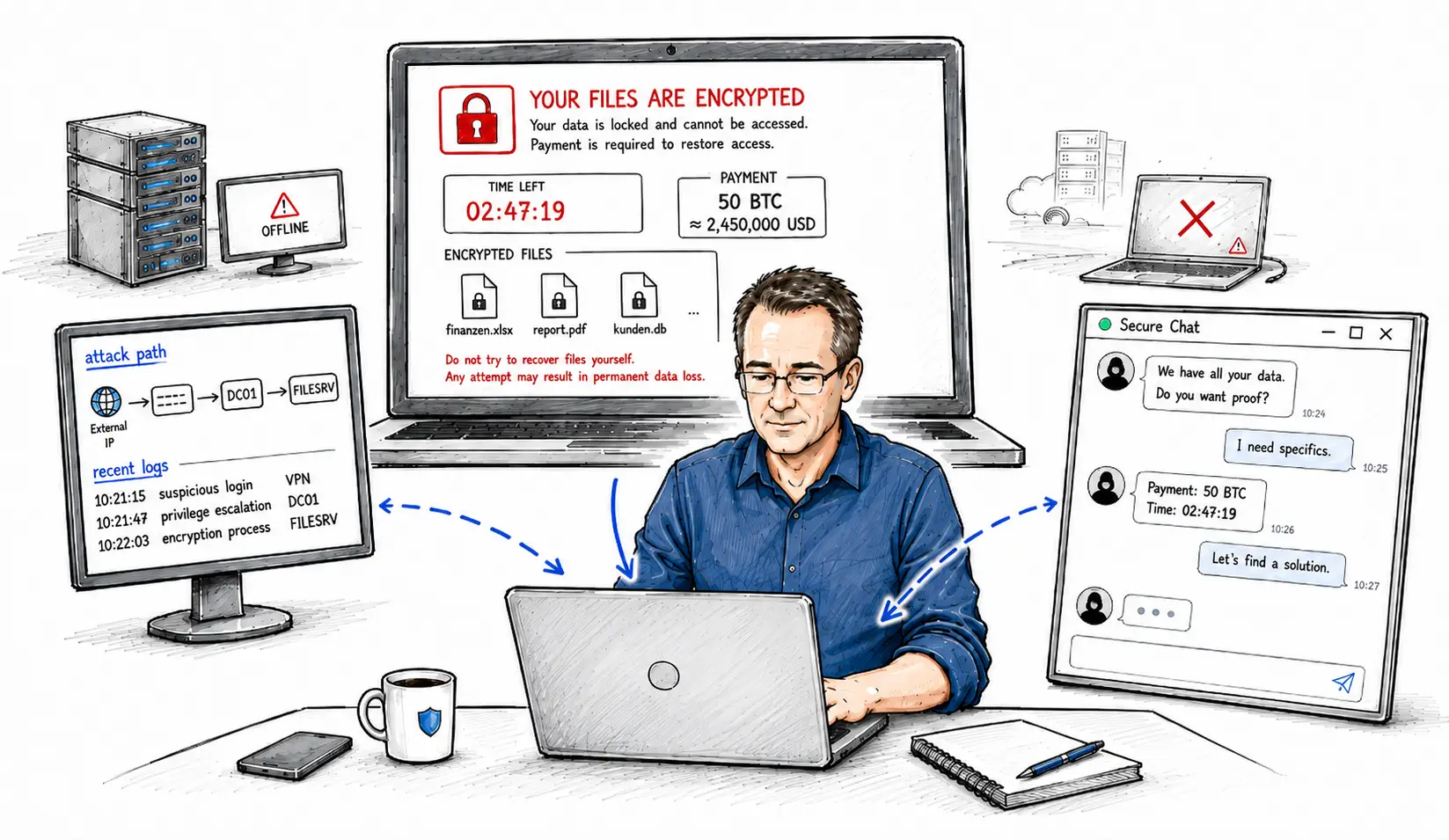 Illustration of an active ransomware crisis with technical attack analysis and negotiation