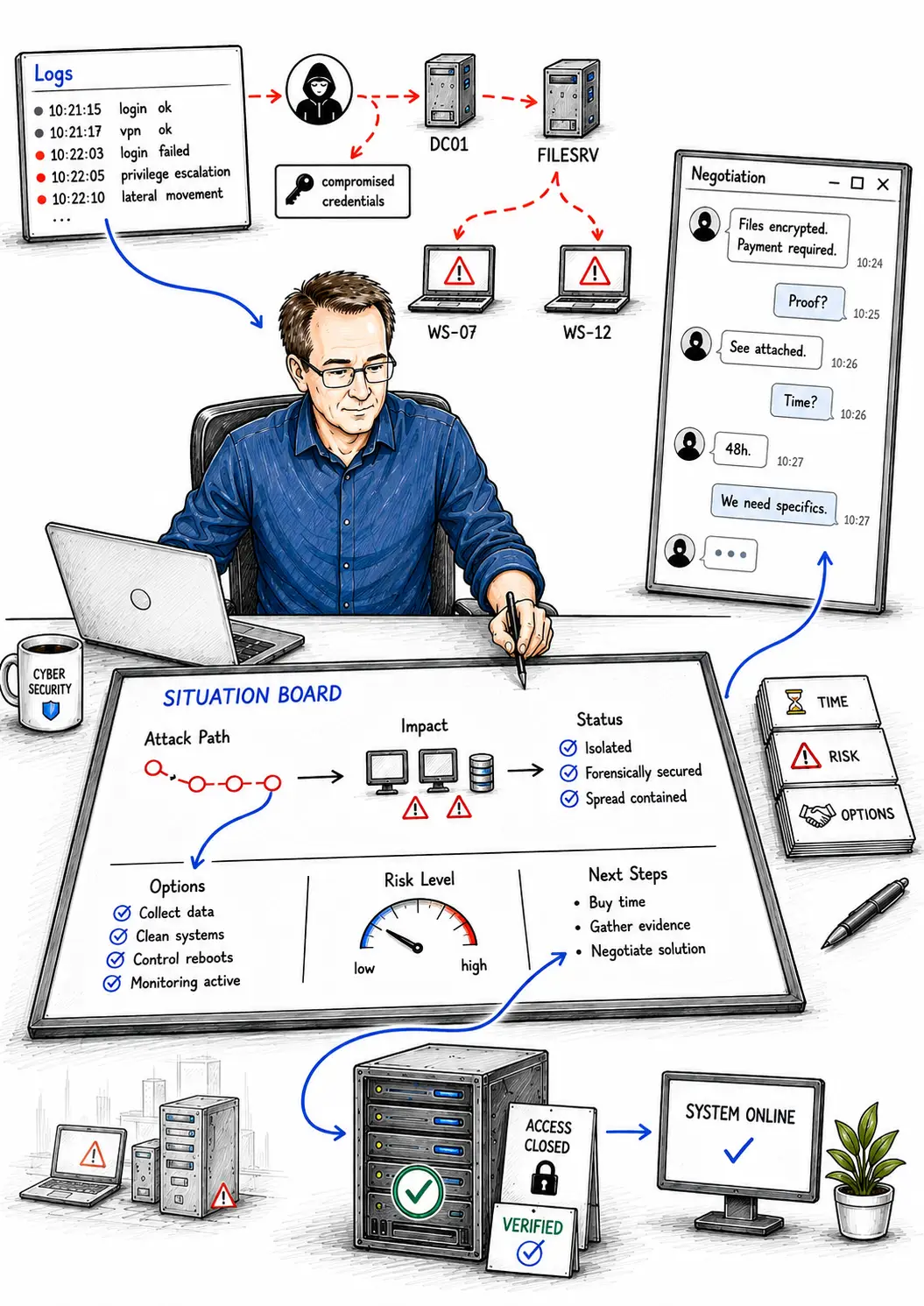 Illustration of the sequence of technical analysis, negotiation and secured recovery